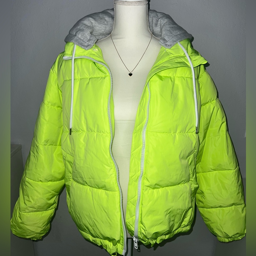 Neon Green Puffer Jacket with Grey Hoodie. Never worn. Tag still attached.
